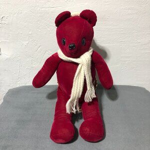 Vintage Handmade Velvet Red Teddy Bear Button Eyes Scarf & Hat